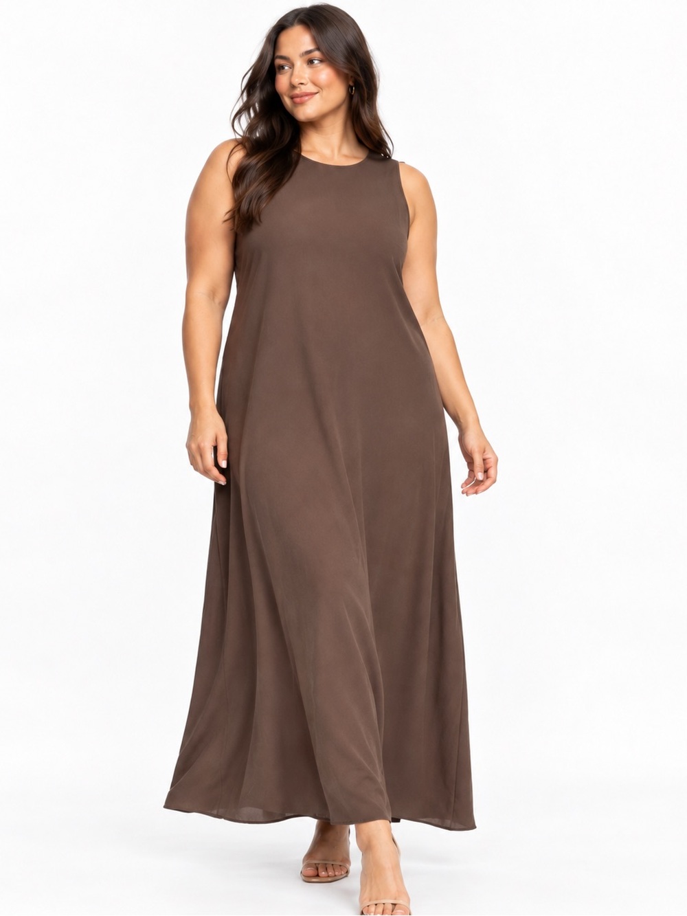 Vintage Y2K Brown 100% Silk Jones & Co Maxi Dress Plus Size 18 Sleeveless Fall